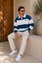 Premium Unisex Petrol Blue Striped Heart Printed Polo Collar Sweatshirt with Half Zipper Detail - 4