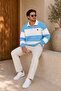Premium Unisex Baby Blue Striped Heart Printed Polo Collar Sweatshirt with Half Zipper Detail - 4