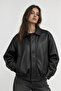 Women's Black Oversize Leather Jacket with Snap Fasteners and Elastic Waist, Loose Fit