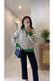 Midra Green Striped Zipper Detailed Polo Collar Knitwear