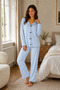 Women's Baby Blue Cotton Pajama Set Long Sleeve Bowknot Comfortable Home Wear Set - 2