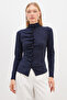 Pleated Front Stand Collar Shirt with Draped Sides - 2