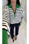 Midra Green Striped Zipper Detailed Polo Collar Knitwear - 2