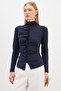 Pleated Front Stand Collar Shirt with Draped Sides - 4