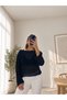 Women's Navy Blue Boat Neck Long Sleeve Mesh Knitwear Blouse - 2