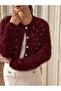 Women's Soft Feather Textured Pearl Detailed Diamond Patterned Knitwear Cardigan - 3