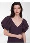 Plum V-Neck Balloon Sleeve Flared Evening Dress - 2