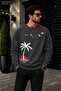 Men's Palm Tree Sun and Bird Illustration Printed Crew Neck Casual Regular Fit Sweatshirt