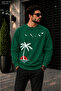 Men's Palm Tree Sun and Bird Illustration Printed Crew Neck Casual Regular Fit Sweatshirt