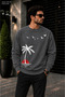 Men's Palm Tree Sun and Bird Illustration Printed Crew Neck Casual Regular Fit Sweatshirt
