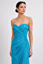 Women's Strapless Draped Detailed Evening Dress 8577 Petrol - 2