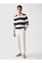 Navy Blue Polo Collar Color Blocked Men's Sweatshirt - 2