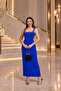 Saks Blue Square Collar Thick Strap Stone Detailed Zippered Crepe Fabric Dress - 3