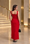 Red Square Collar Thick Strap Stone Detailed Zippered Crepe Fabric Dress - 4