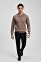 Men's Casual Polo Collar Zippered Camel Striped Knit Sweater - 3