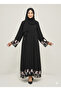 Black Abaya with Floral Organza Net Embroidery | Rizqé Luxury Blush Pink & Grey Petal Border
