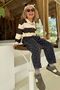 Teddy Bear Embroidered Striped Polo Sweatshirt & Checkered Jeans Unisex Kids 2-Piece Set - Brown - 8