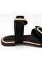 Women's Black Double-Strapped Gold Buckle Flat Sole Stylish Daily Slippers - 2