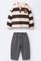 Teddy Bear Embroidered Striped Polo Sweatshirt & Checkered Jeans Unisex Kids 2-Piece Set - Brown - 3