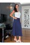 Navy Blue Elastic Waist Modal Midi Skirt - 4