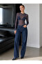 Women's Navy Blue Elastic Tulle Fabric Long Sleeve Crew Neck Bottom Snap Bady Suit Blouse - 2