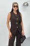 Women's Double Bottom Top Set Stylish Button Detailed Crew Neck Regular Vest Pants Set - 6