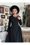 Women's Black Midi Dress with Crew Neck, Long Sleeves and Gathered Flared Skirt