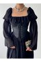 Women's Black Mini Dress with Corsage Detail, Chiffon Sleeves, Lace-Up and Flounces - 3