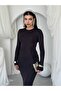 Women's Black Midi Dress Crew Neck Long Sleeve Side Gathered Slim Fit - 6