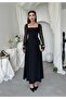 Women's Black Midi Dress Square Neck Lace Long Sleeve Flared Skirt Event Elegance - 4