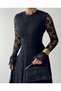 Women's Black Lace Midi Dress High Neck Long Sleeve A-Line Guest Dress - 3