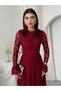 Women's Burgundy Lace Midi Dress with High Collar, Long Sleeves, A-Line, Event Dress - 5