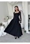 Women's Black Midi Dress Square Neck Lace Long Sleeve Flared Skirt Event Elegance - 8