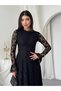 Women's Black Lace Midi Dress High Neck Long Sleeve A-Line Guest Dress - 5