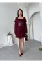 Women's Burgundy Mini Dress with Corsage Detail, Chiffon Sleeves, Lace-Up and Flounces - 6