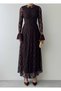 Women's Brown Lace Midi Dress High Neck Long Sleeve A-Line Guest Dress - 2