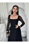 Women's Black Midi Dress Square Neck Lace Long Sleeve Flared Skirt Event Elegance - 7