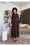 Women's Coffee Color Midi Dress with Crew Neck, Long Sleeves and Gathered Flared Skirt - 8