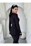 Women's Black Midi Dress Crew Neck Long Sleeve Side Gathered Slim Fit - 8