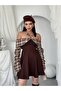 Women's Coffee Mini Dress Strapless Collar Plaid Long Sleeve Flared Cut