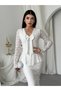 Women's Ecru Midi Lace V-Neck Bow Detailed Long Sleeve Peplum Dress - 7