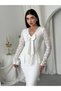 Women's Ecru Midi Lace V-Neck Bow Detailed Long Sleeve Peplum Dress - 5