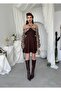 Women's Coffee Mini Dress Strapless Collar Plaid Long Sleeve Flared Cut - 6