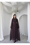 Women's Coffee Midi Dress Round Neck Chiffon Flounce Long Sleeve A-Line - 8