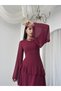 Women's Burgundy Midi Dress Round Neck Chiffon Flounce Long Sleeve A-Line
