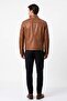 Men's Cognac Genuine Leather Stand Collar Jacket - 5