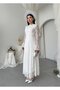 Women's Ecru Lace Midi Dress with High Collar, Long Sleeves, A-Line, for Special Occasions - 8