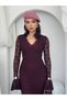 Women's Plum Lace Midi Dress V-Neck Long Flounce Sleeves Bodycon Fit - 5