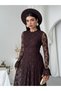 Women's Brown Lace Midi Dress High Neck Long Sleeve A-Line Guest Dress - 7