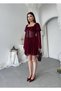 Women's Burgundy Mini Dress with Corsage Detail, Chiffon Sleeves, Lace-Up and Flounces - 8